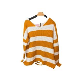 Pink Lily Mustard Yellow White Striped V-Neck Waffle Knit Sweater Small